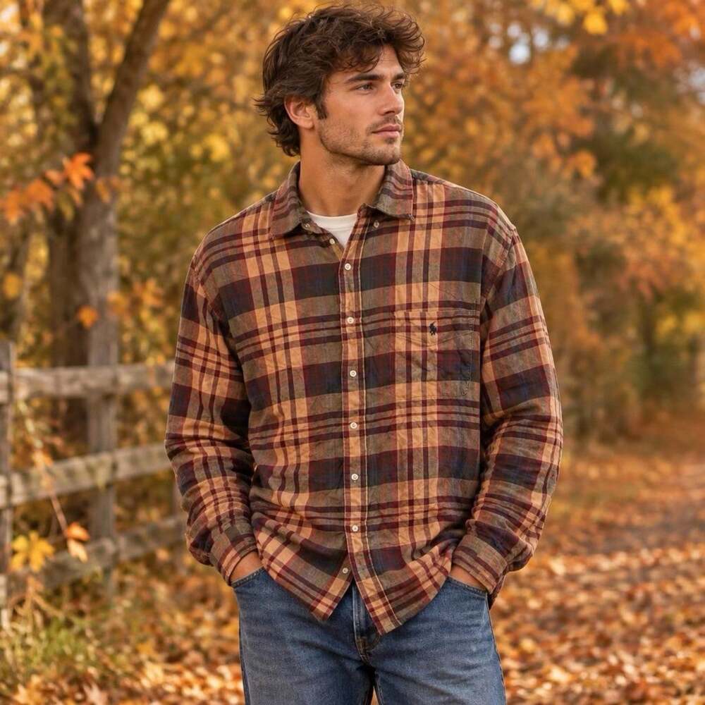 VTG Y2K Polo RalphLauren Men XL ButtonUp Shirt Cotton Plaid Long Sleeve PonyLogo